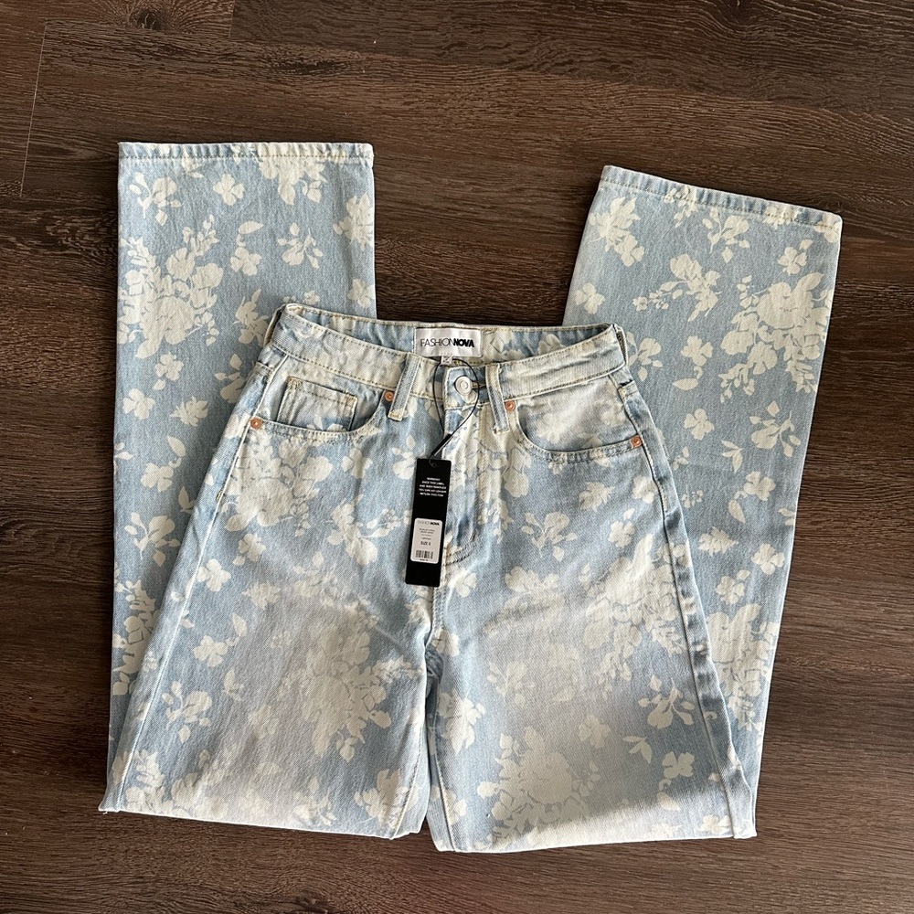 Fashion Nova Blue and White Straight Leg Jeans